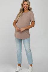 Taupe Crew Neck Front Pocket Short Sleeve Maternity Top