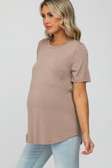 Taupe Crew Neck Front Pocket Short Sleeve Maternity Top