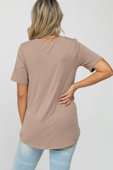 Taupe Crew Neck Front Pocket Short Sleeve Maternity Top