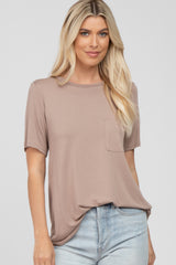 Taupe Crew Neck Front Pocket Short Sleeve Maternity Top