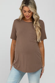 Mocha Crew Neck Front Pocket Short Sleeve Maternity Top