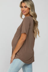 Mocha Crew Neck Front Pocket Short Sleeve Maternity Top