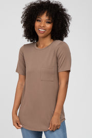 Mocha Crew Neck Front Pocket Short Sleeve Top