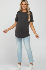 Dark Grey Crew Neck Front Pocket Short Sleeve Maternity Top