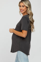 Dark Grey Crew Neck Front Pocket Short Sleeve Maternity Top