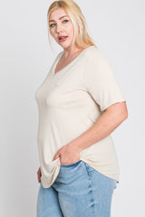 Beige V-Neck Front Pocket Short Sleeve Plus Top