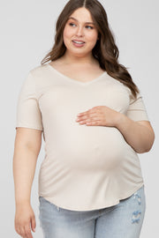 Beige V-Neck Front Pocket Short Sleeve Maternity Plus Top