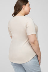 Beige V-Neck Front Pocket Short Sleeve Maternity Plus Top