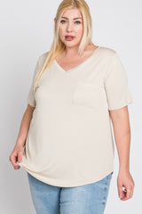 Beige V-Neck Front Pocket Short Sleeve Maternity Plus Top