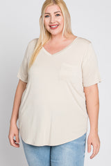 Beige V-Neck Front Pocket Short Sleeve Plus Top