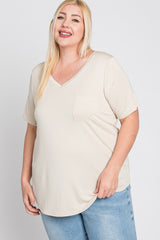 Beige V-Neck Front Pocket Short Sleeve Plus Top