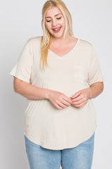 Beige V-Neck Front Pocket Short Sleeve Plus Top