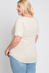 Beige V-Neck Front Pocket Short Sleeve Plus Top