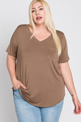 Mocha V-Neck Front Pocket Short Sleeve Plus Top