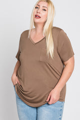 Mocha V-Neck Front Pocket Short Sleeve Plus Top