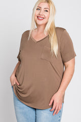 Mocha V-Neck Front Pocket Short Sleeve Plus Top