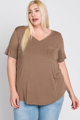 Mocha V-Neck Front Pocket Short Sleeve Plus Top