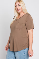 Mocha V-Neck Front Pocket Short Sleeve Plus Top