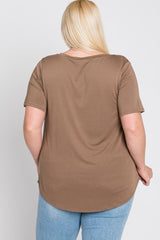 Mocha V-Neck Front Pocket Short Sleeve Plus Top