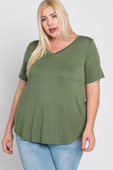 Light Olive V-Neck Front Pocket Short Sleeve Plus Top