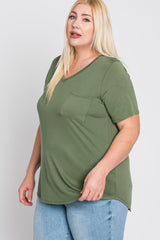 Light Olive V-Neck Front Pocket Short Sleeve Plus Top