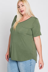 Light Olive V-Neck Front Pocket Short Sleeve Plus Top