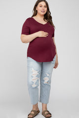 Burgundy V-Neck Front Pocket Short Sleeve Maternity Plus Top