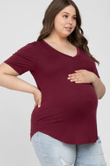 Burgundy V-Neck Front Pocket Short Sleeve Maternity Plus Top