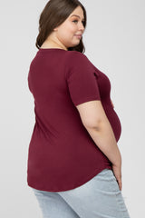 Burgundy V-Neck Front Pocket Short Sleeve Maternity Plus Top