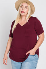 Burgundy V-Neck Front Pocket Short Sleeve Maternity Plus Top