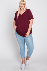 Burgundy V-Neck Front Pocket Short Sleeve Plus Top