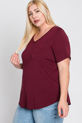 Burgundy V-Neck Front Pocket Short Sleeve Plus Top