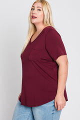 Burgundy V-Neck Front Pocket Short Sleeve Plus Top