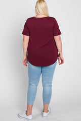 Burgundy V-Neck Front Pocket Short Sleeve Plus Top