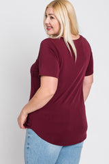 Burgundy V-Neck Front Pocket Short Sleeve Plus Top