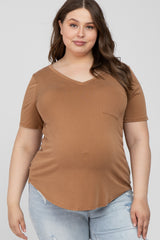 Camel V-Neck Front Pocket Short Sleeve Maternity Plus Top