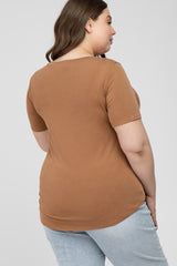 Camel V-Neck Front Pocket Short Sleeve Maternity Plus Top