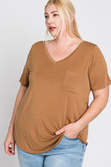 Camel V-Neck Front Pocket Short Sleeve Maternity Plus Top