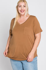 Camel V-Neck Front Pocket Short Sleeve Plus Top