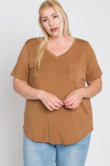 Camel V-Neck Front Pocket Short Sleeve Plus Top