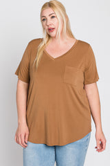 Camel V-Neck Front Pocket Short Sleeve Plus Top