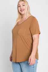 Camel V-Neck Front Pocket Short Sleeve Plus Top