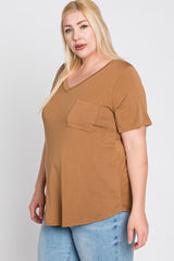 Camel V-Neck Front Pocket Short Sleeve Plus Top