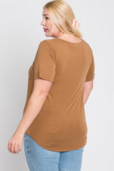 Camel V-Neck Front Pocket Short Sleeve Plus Top