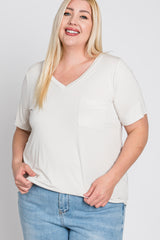 Ivory V-Neck Front Pocket Short Sleeve Plus Top