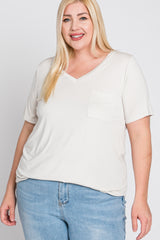 Ivory V-Neck Front Pocket Short Sleeve Plus Top