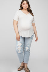 Ivory V-Neck Front Pocket Short Sleeve Maternity Plus Top