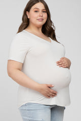 Ivory V-Neck Front Pocket Short Sleeve Maternity Plus Top