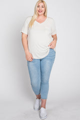 Ivory V-Neck Front Pocket Short Sleeve Plus Top