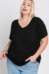 Black V-Neck Front Pocket Short Sleeve Plus Top